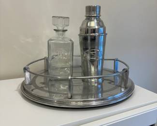 C61 - $10. 3 Piece Bar Set - Tray has bent bar. Monogrammed with letter "D"