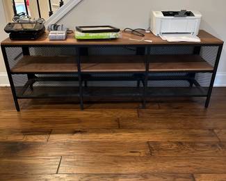 C83 - $60. Shelving with metal frame. Sturdy and multipurpose! Measures 59" wide x 14" x 21" tall. 