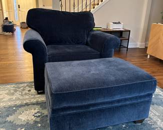 C82 - $195. Havertys Chair & Ottoman. Chair Measures 44" wide x 37.5" deep x 36" tall. Ottoman Measures 32" x 24" x 16.75" tall. 