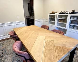 C48 - $350. Herringbone Wooden Look Top with Metal Base. Table Measures 79" long x 39" x 30" tall. Chairs are priced separately. 