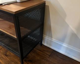 C83 - $60. Shelving with metal frame. Sturdy and multipurpose! Measures 59" wide x 14" x 21" tall. 