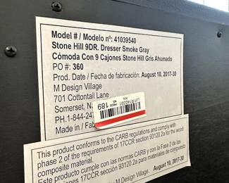 C13 - $150. "Soho Baby" Stone Hill 9 drawer Dresser Smoke Gray - 2017.  Dresser measures 60" wide x 20" deep x 34" tall. One knob needs some glue - all drawers slide easily with soft close drawers. Top has some flaking paint - see photos.  