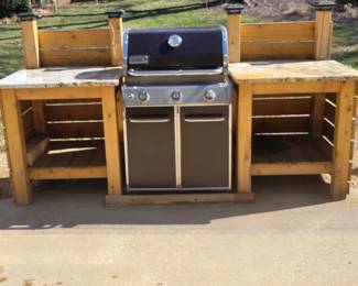 PARTY ON THE PATIO WITH THIS MOST EXCELLENT SET UP-WEBER GRILL, SURROUNDING CUSTOM WOOD BUILD WITH MARBLE TOP AND CUSTOM MADE COVER THAT HAS ZIPPERS ON ALL FOUR CORNERS FOR EASY OF REMOVAL. SURROUNDING WOOD SECTIONS COME APART EASILY IN THREE SECTIONS PER OWNER