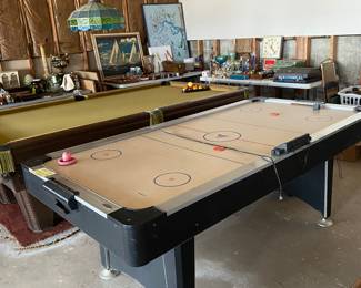 Air hockey table and vintage pool table