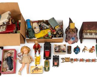 Large collection of various vintage toys ranging from early 19th century to late 20th century, including a brass Queen Elizabeth II Coronation Coach set, and AMC Cowboy and Indian Set, vintage Schuco German wind up lithographed tin figures, a cast iron Royal Pistol toy circa late 19th century, a Bliss child's wooden piano, a Ideal Novelty and Toy Co. Shirley Temple Doll in original dress, and a large stuffed elephant, with many others included
