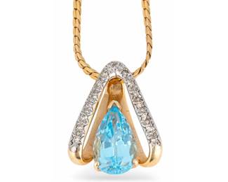 14K Blue Topaz and Diamond Pendant Necklace