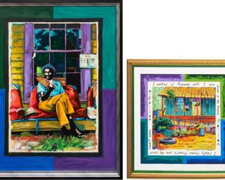 H.C. Porter (Amer., b. 1963), "Watchin' Highway 18", original mixed media work (inscribed "June, Port Gibson", accompanied by signed and numbered lithograph "Delta Garden Blues", ed. 34/250