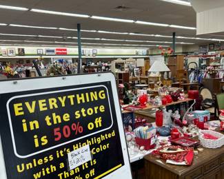 Most everything will be 50% off... clothing will be more than half off as most will be $2 out the door. Items priced over $20 will be half off but that's only a few items. 