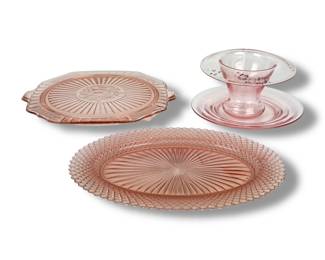 #74 • Vintage Pink Depression Glass Platters & Handpainted Vase
