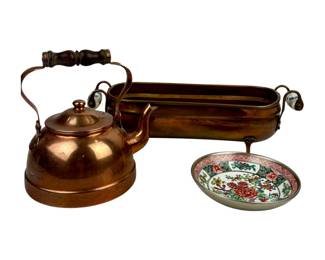 #104 • Vintage Brass Planter, Teakettle and Japanese Porcelain Plate
