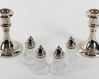 #36 • Pair Godinger Silverplate Candlesticks with 4 Shakers

