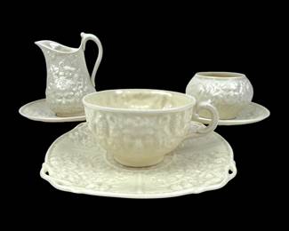 #182 • Vintage Belleek Bacchus Pattern Porcelain- Creamer, Sugar Bowl, Saucers & Tea Cup
