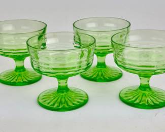 Four Vintage Green Uranium Vaseline Depression Glass Sherbet Dishes