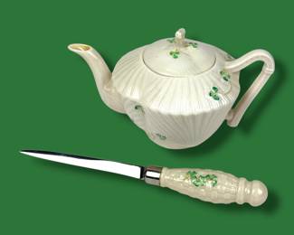 #180 • Vintage Belleek Porcelain Harp Shamrock Shell Teapot & Letter Opener- Ireland
