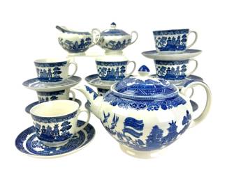 #58 • 19 PC Johnson Brothers Willow Blue Teapot, Cup and Saucers, Creamer and Sugar
