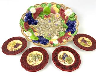 #11 • Fritz and Floyd Glazed Fruit & Flower Basket Weave Bowl & Tuscan Winery Oil Dipping Plates
