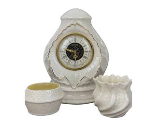 #181 • Vintage Belleek Porcelain Mantle Clock and 2 Small Sugar/ Trinket Bowls - Ireland

