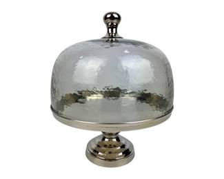 #143 • Pier I Hammered Silver Cake Stand with Glass Dome Cover
