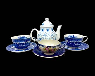 #127 • Vintage Blue & White Teapot and 3 Cups & Saucers
