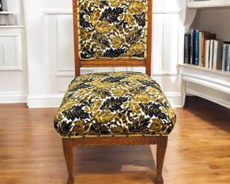 #130 • Victorian Oak Spring Seat Chair - 1970s Plush Brocade, Front Casters
