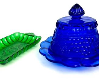 #114 • Two Vintage Glass Dishes in Emerald Green & Cobalt Blue
