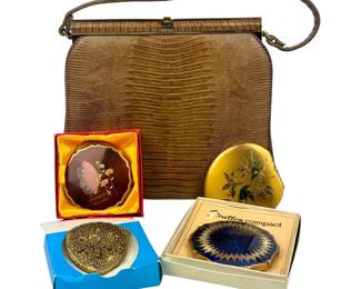 #108 • Vintage Palizzio Lizard Handbag & 4 Colorful Compacts
