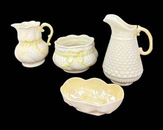 #184 • Vintage Belleek Porcelain Ribbon Design Creamer & Sugar Bowl and Scale Pattern Creamer and Salt Dish

