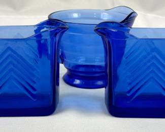#91 • Three Hazel Atlas Cobalt Blue Creamers - Chevron & Moderntone Patterns
