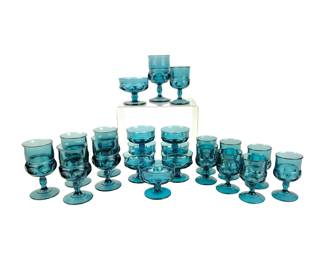 #64 • Kings Crown Thumbprint Aqua Goblet, Cordial and Sherbet Glasses
