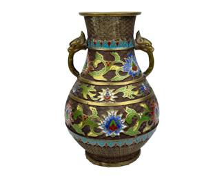 #138 • Vintage Japanese Cloisonne & Champleve Brass Vase with 2 Dragon Handles

