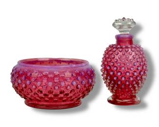 #76 • Fenton Cranberry Opalescent Hobnail Vanity Set
