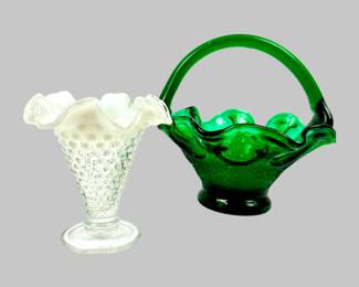 #89 • Vintage Fenton Glass Green Basket & White Hobnail Vase
