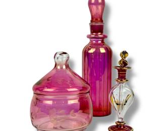 #77 • Vintage PInk & Gold Handblown Glass Vanity Set
