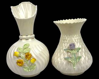 #156 • Two Vintage Belleek Bud Vases, Scroll & Thistle - Ireland

