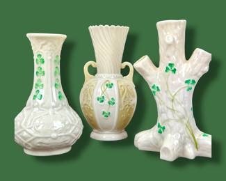 #178 • 3 Vintage Belleek Bud Vases including Shamrock Tree - Ireland
