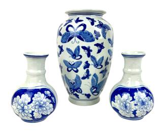 #81 • Chinoiserie Porcelain Lg Butterfly Vase and Two Sm Floral Vases
