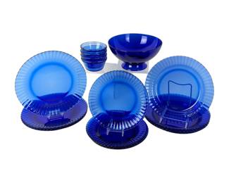 #31 • 16 PC Cobalt Blue Glass Dishes, Footed Bowl
