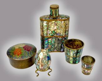 #98 • Vintage Mexican Abalone Inlaid Flask, Shot Glasses & Egg
