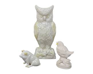#177 • Vintage Belleek Porcelain Owl Vase, Sitting Pig & Small Bird - Ireland
