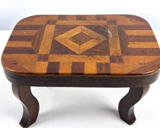 #133 • Antique Handmade Wood Inlaid Foot Stool - 1934
