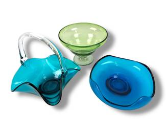 #6 • Vintage Glass Collection - Teal Basket Bowl, Blown Glass Bowl & Blue Candy Dish
