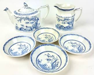 #68 • Furnivals Quail Teapot, Pitcher, and Four Bowls
