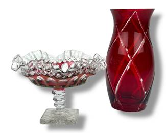 #106 • Westmoreland Ruby Pedestal Bowl & Bohemian Ruby Glass Vase
