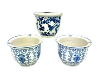 #82 • Three Small Chinoiserie Porcelain Blue and White Planters
