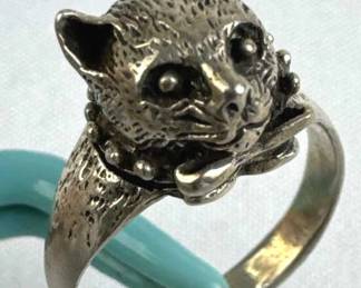 925 Silver Vintage Cat Head Poison Ring