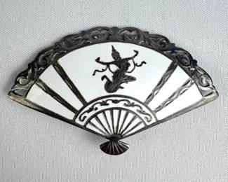 925 Silver Siam Sterling White Enameled Fan Brooch