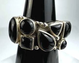 925 Silver Wide Multi Black Onyx Band Ring