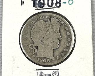 1908-O Barber Silver Half Dollar, US 50c Coin