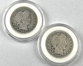 1909-P&D Barber Silver Quarters in Capsules