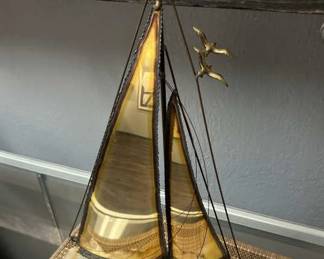 Large Brass Ship on Natural Crystal Base, Signed